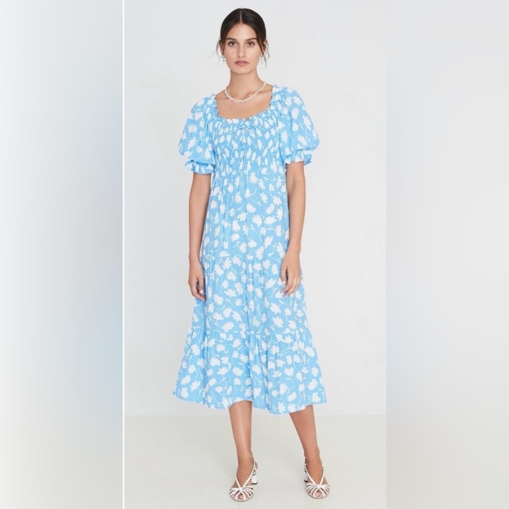Faithfull Olinda Midi Dress Blue Floral Puff Sleeve Anthropologie NWT. M